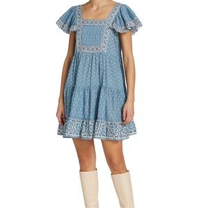 Sea Fernanda blue dress ruffle sleeve block print floral cotton mini dress sz M
